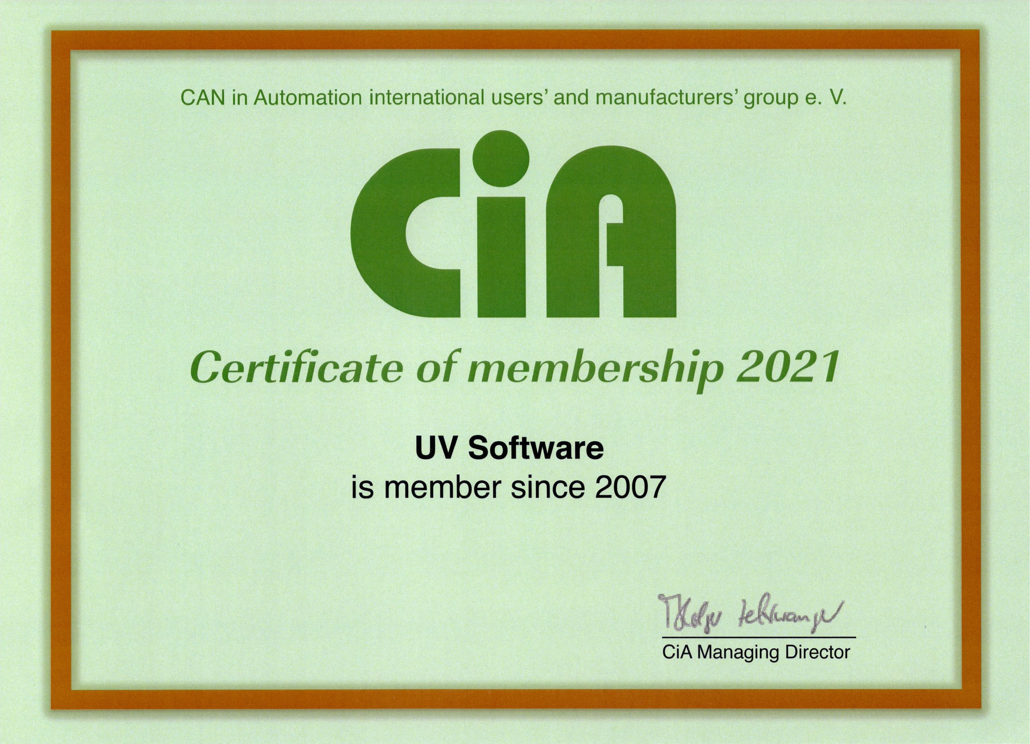 Membership in CiA (CAN in Automation e.V.)