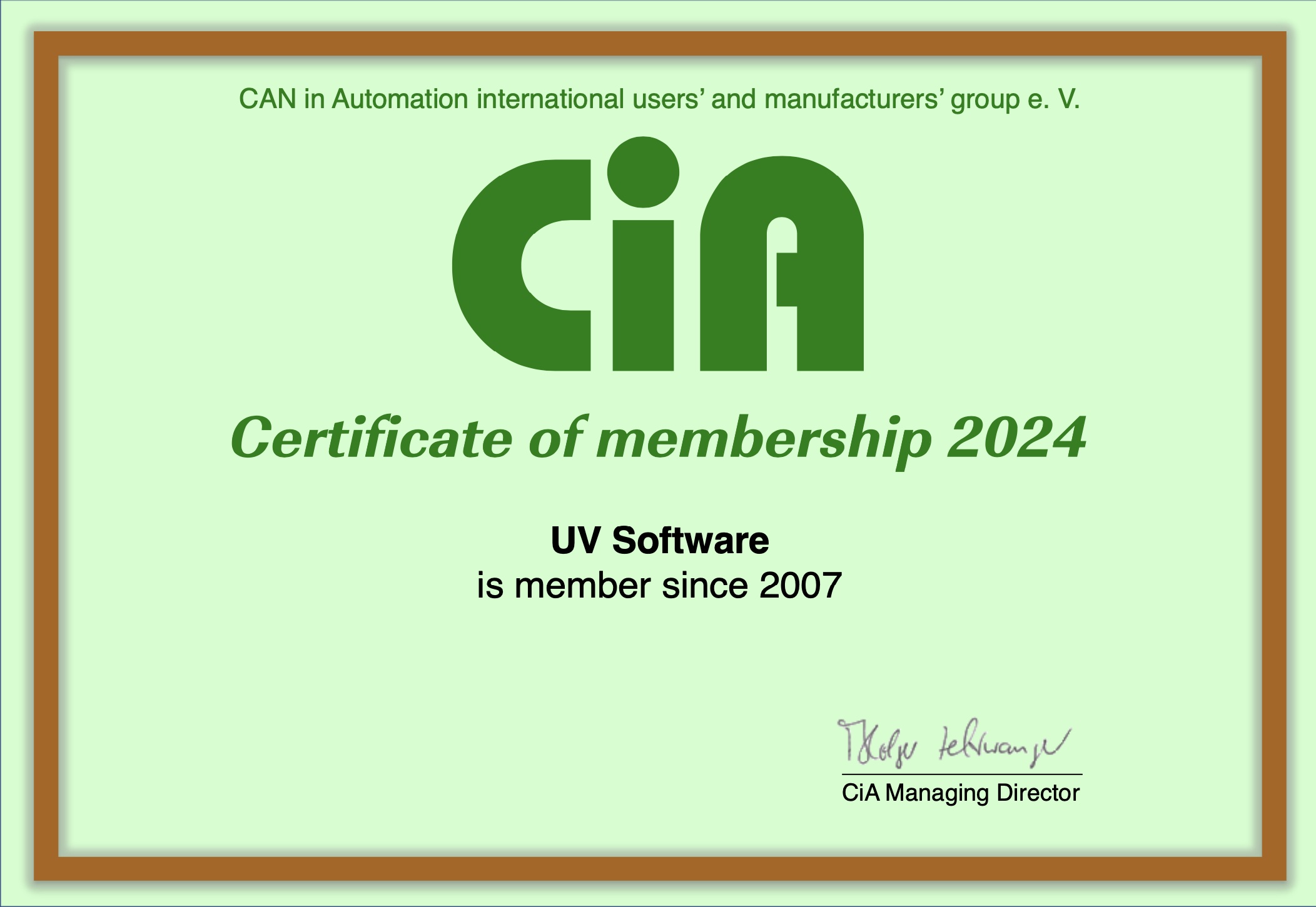 Membership in CiA (CAN in Automation e.V.)