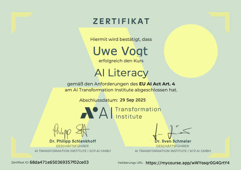 Certificate issued by the AI Transformation Institute, 2025